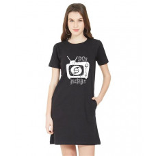 Women's Cotton Biowash Graphic Printed T-Shirt Dress with side pockets - 90s Netflix