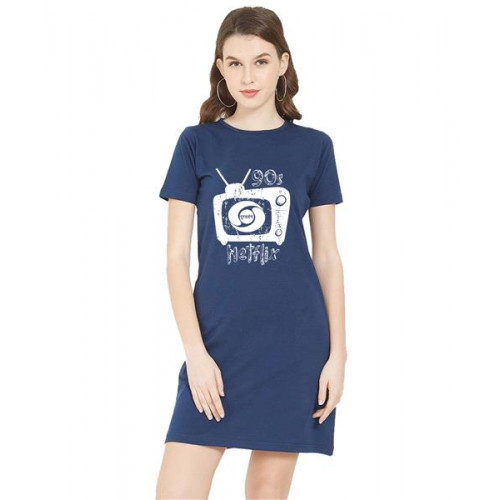 Women's Cotton Biowash Graphic Printed T-Shirt Dress with side pockets - 90s Netflix