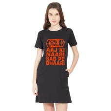 Women's Cotton Biowash Graphic Printed T-Shirt Dress with side pockets - Aaj Ki Naari