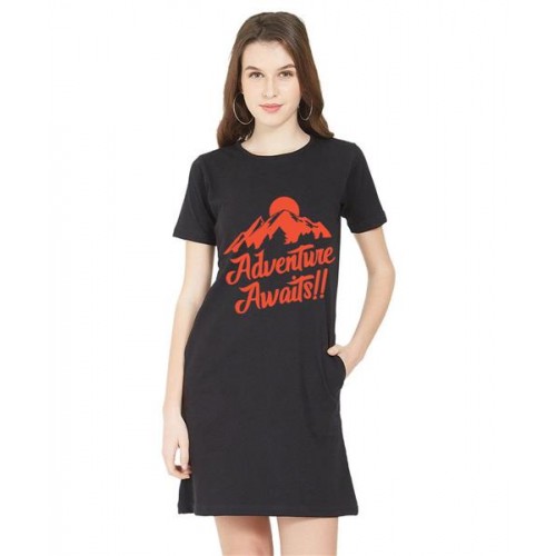 Women's Cotton Biowash Graphic Printed T-Shirt Dress with side pockets - Adventure Awaits
