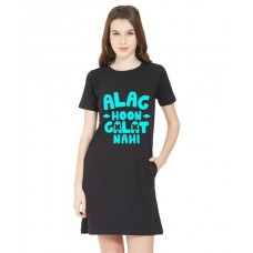 Women's Cotton Biowash Graphic Printed T-Shirt Dress with side pockets - Alag Hoon Galat Nahi
