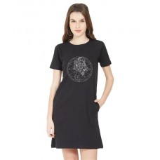 Women's Cotton Biowash Graphic Printed T-Shirt Dress with side pockets - Around Astronaut