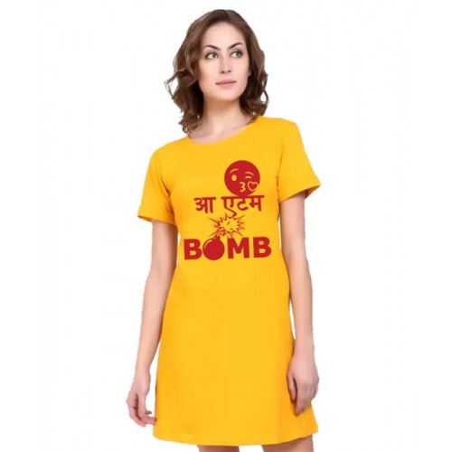 Women's Cotton Biowash Graphic Printed T-Shirt Dress with side pockets - Atom Bomb