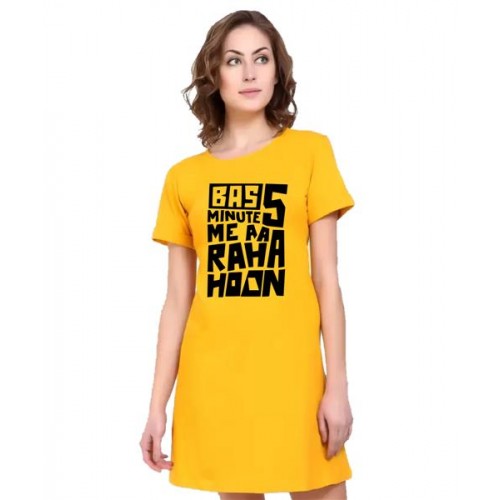 Women's Cotton Biowash Graphic Printed T-Shirt Dress with side pockets - Bas Five Mins