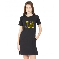Women's Cotton Biowash Graphic Printed T-Shirt Dress with side pockets - Bat Batting