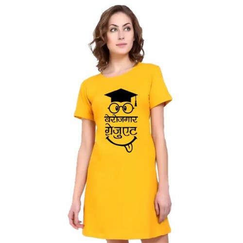 Women's Cotton Biowash Graphic Printed T-Shirt Dress with side pockets - Berozgar Graduate