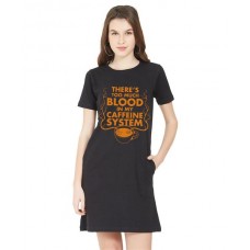 Women's Cotton Biowash Graphic Printed T-Shirt Dress with side pockets - Blood Caffeine System
