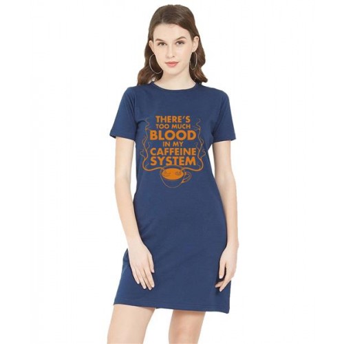 Women's Cotton Biowash Graphic Printed T-Shirt Dress with side pockets - Blood Caffeine System
