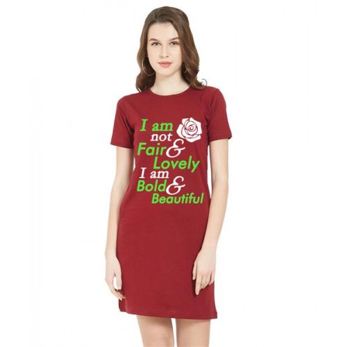 Women's Cotton Biowash Graphic Printed T-Shirt Dress with side pockets - Bold And Beautiful