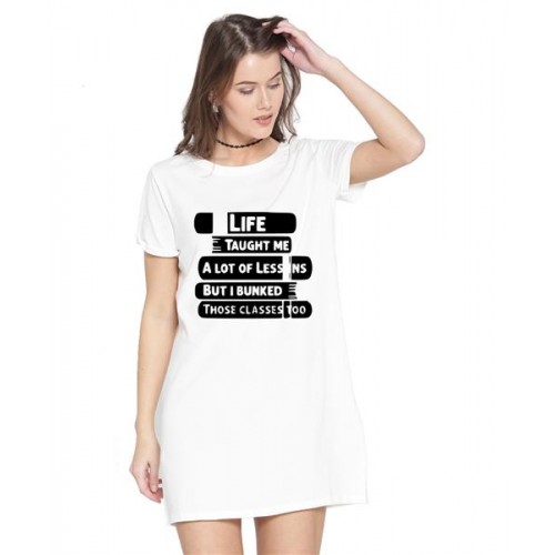 Women's Cotton Biowash Graphic Printed T-Shirt Dress with side pockets - Bunked Life Classes