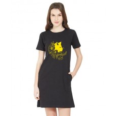 Women's Cotton Biowash Graphic Printed T-Shirt Dress with side pockets - Cat Flower