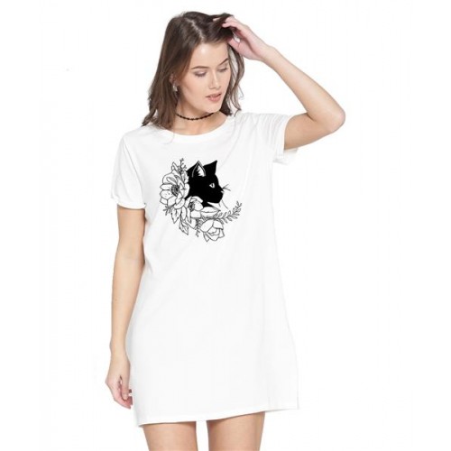 Women's Cotton Biowash Graphic Printed T-Shirt Dress with side pockets - Cat Flower