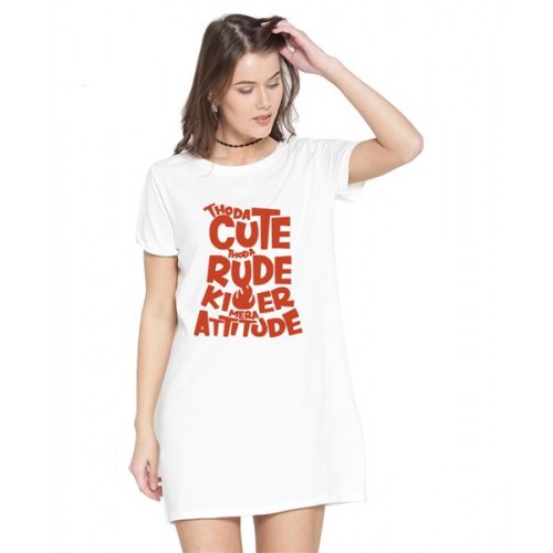 Women's Cotton Biowash Graphic Printed T-Shirt Dress with side pockets - Cute Rude Killer