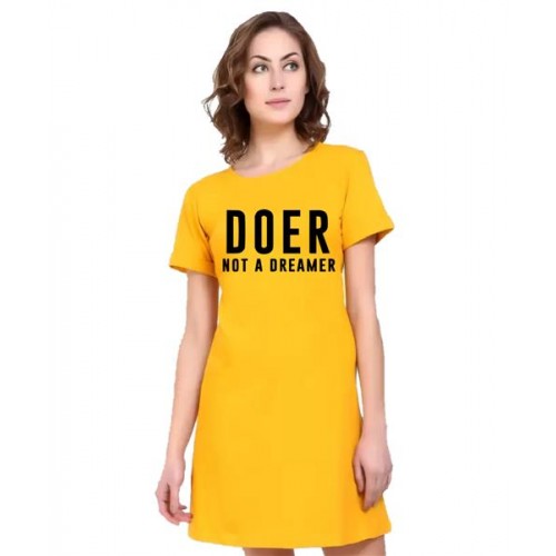 Women's Cotton Biowash Graphic Printed T-Shirt Dress with side pockets - Doer Not Dreamer