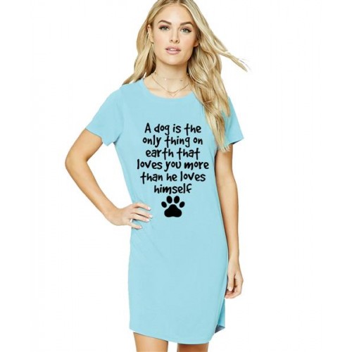Women's Cotton Biowash Graphic Printed T-Shirt Dress with side pockets - Dog Loves You