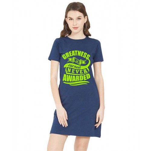 Women's Cotton Biowash Graphic Printed T-Shirt Dress with side pockets - Greatness Never Awarded