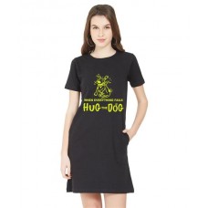 Women's Cotton Biowash Graphic Printed T-Shirt Dress with side pockets - Hug The Dog