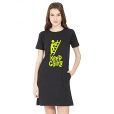 Women's Cotton Biowash Graphic Printed T-Shirt Dress with side pockets - Keep Going 