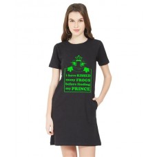 Women's Cotton Biowash Graphic Printed T-Shirt Dress with side pockets - Kissed A Frog Prince