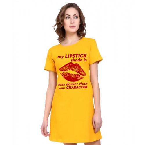 Women's Cotton Biowash Graphic Printed T-Shirt Dress with side pockets - Lipstick Shade 