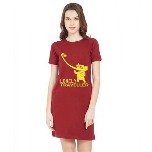 Women's Cotton Biowash Graphic Printed T-Shirt Dress with side pockets - Lonely Traveller