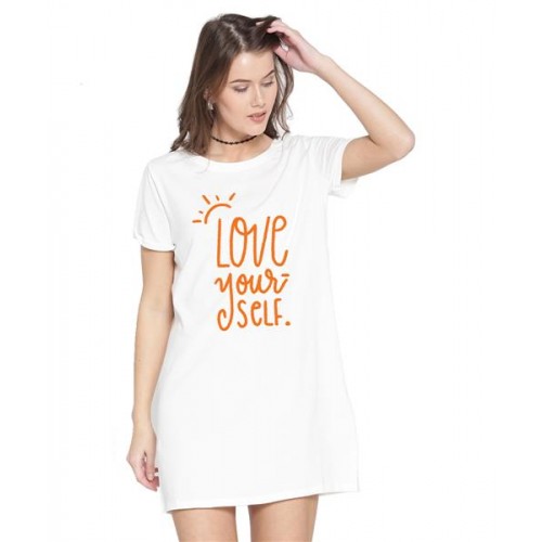 Women's Cotton Biowash Graphic Printed T-Shirt Dress with side pockets - Love Yourself