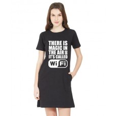 Women's Cotton Biowash Graphic Printed T-Shirt Dress with side pockets - Magic Wifi