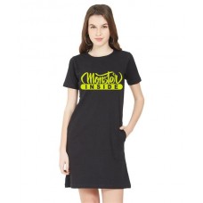 Women's Cotton Biowash Graphic Printed T-Shirt Dress with side pockets - Monster Inside