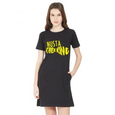 Women's Cotton Biowash Graphic Printed T-Shirt Dress with side pockets - Nusta Trekking