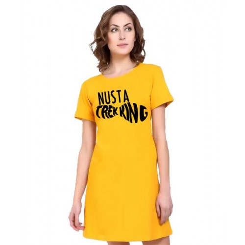 Women's Cotton Biowash Graphic Printed T-Shirt Dress with side pockets - Nusta Trekking