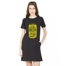 Women's Cotton Biowash Graphic Printed T-Shirt Dress with side pockets - Oh My Beer