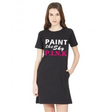 Women's Cotton Biowash Graphic Printed T-Shirt Dress with side pockets - Paint Sky Pink