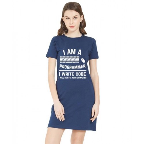 Women's Cotton Biowash Graphic Printed T-Shirt Dress with side pockets - Programmer Write Code