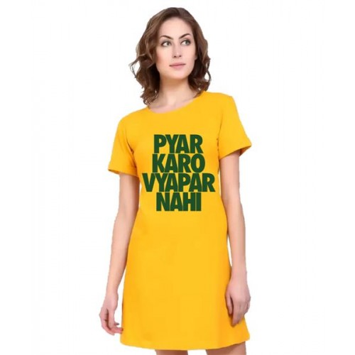 Women's Cotton Biowash Graphic Printed T-Shirt Dress with side pockets - Pyar Karo Vyapar Nahi