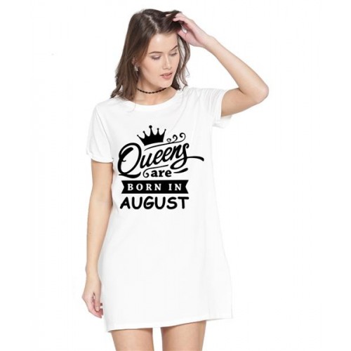 Women's Cotton Biowash Graphic Printed T-Shirt Dress with side pockets - Queens Born In Aug