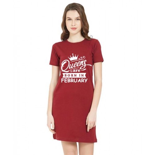 Women's Cotton Biowash Graphic Printed T-Shirt Dress with side pockets - Queens Born In Feb