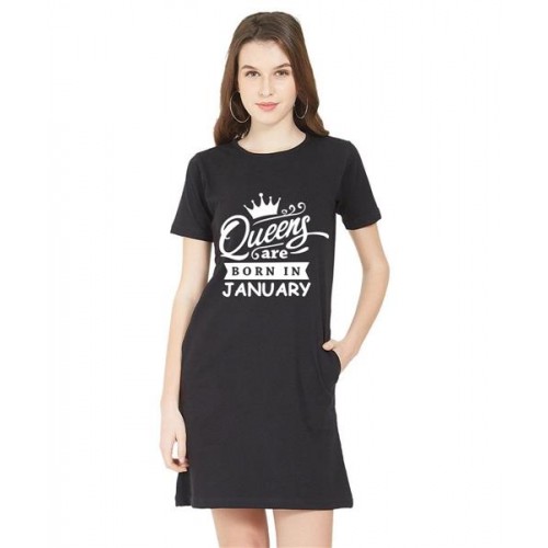 Women's Cotton Biowash Graphic Printed T-Shirt Dress with side pockets - Queens Born In Jan