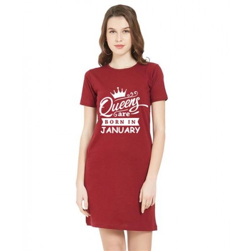 Women's Cotton Biowash Graphic Printed T-Shirt Dress with side pockets - Queens Born In Jan