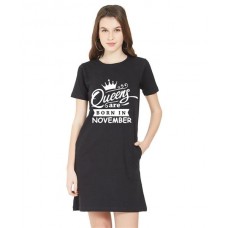 Women's Cotton Biowash Graphic Printed T-Shirt Dress with side pockets - Queens Born In Nov