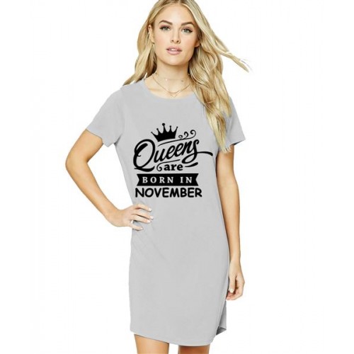 Women's Cotton Biowash Graphic Printed T-Shirt Dress with side pockets - Queens Born In Nov