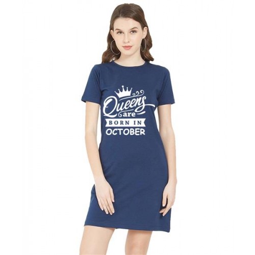 Women's Cotton Biowash Graphic Printed T-Shirt Dress with side pockets - Queens Born In Oct