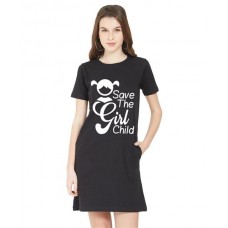 Women's Cotton Biowash Graphic Printed T-Shirt Dress with side pockets - Save The Girl Child