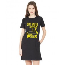 Women's Cotton Biowash Graphic Printed T-Shirt Dress with side pockets - Save Water Beer Bath