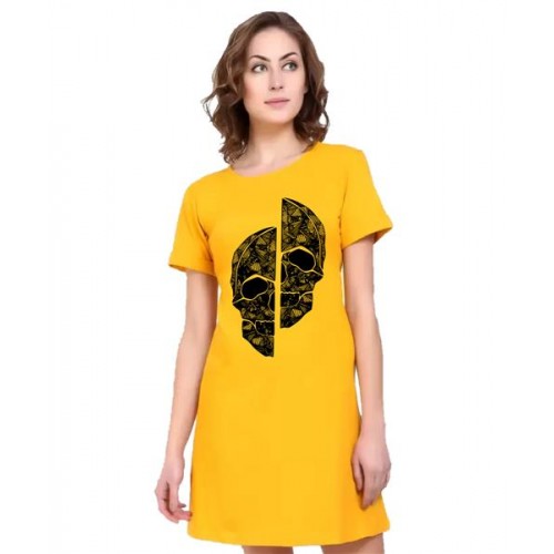 Women's Cotton Biowash Graphic Printed T-Shirt Dress with side pockets - Skeleton Mask