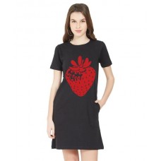Women's Cotton Biowash Graphic Printed T-Shirt Dress with side pockets - Strawberry