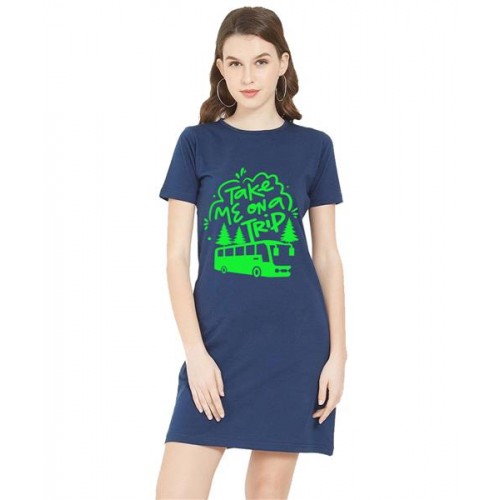 Women's Cotton Biowash Graphic Printed T-Shirt Dress with side pockets - Take Me On Trip