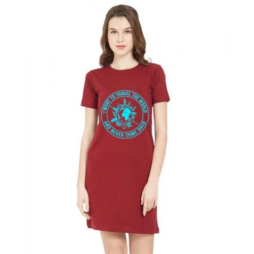 Women's Cotton Biowash Graphic Printed T-Shirt Dress with side pockets - Travel The World