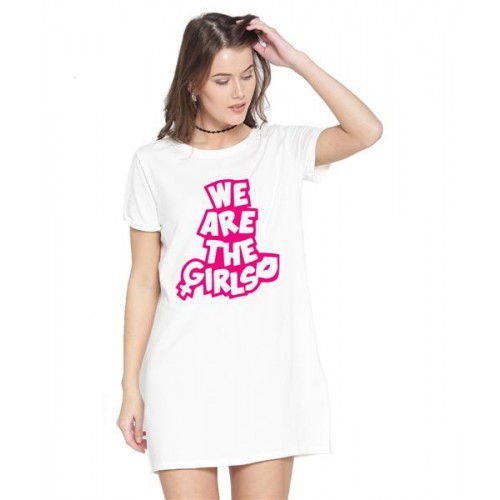 Women's Cotton Biowash Graphic Printed T-Shirt Dress with side pockets - We Are The Girls