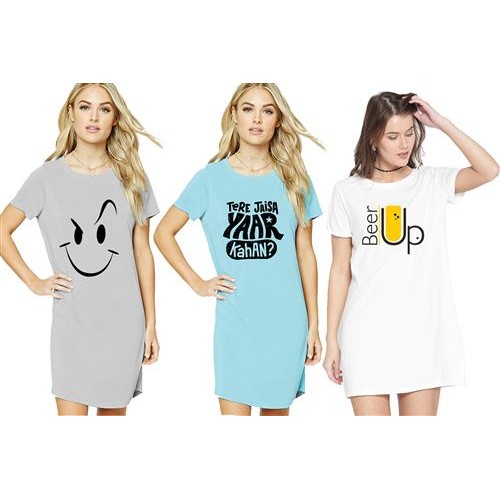 Women's Combo Round Neck Cotton T-Shirt Dress with Printed Graphics and Side Pockets - Life To Enjoy