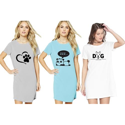 Women's Combo Round Neck Cotton T-Shirt Dress with Printed Graphics and Side Pockets - Pets Of Love